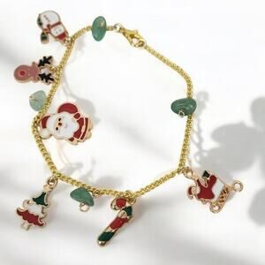 14k Gold Plated Aloy Jolly Christmas Charm Enamel Santa Snowman Tree Bracelet